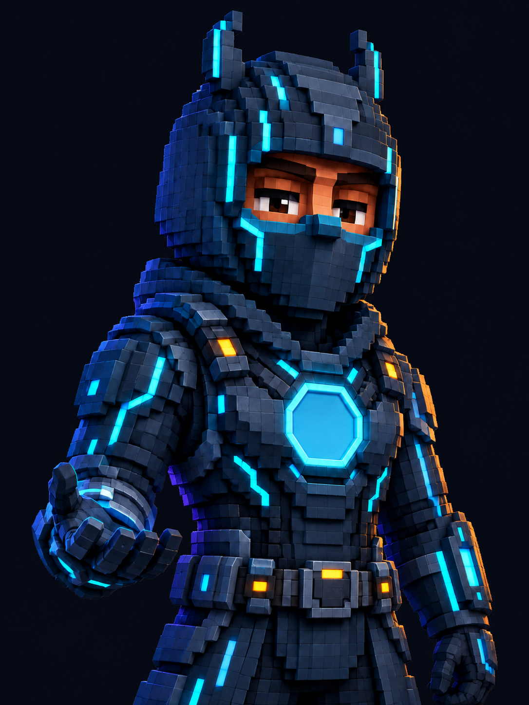 Personagem voxel da JP Tech com armadura azul-petróleo, circuitos ciano e o emblema JP no núcleo do peito.